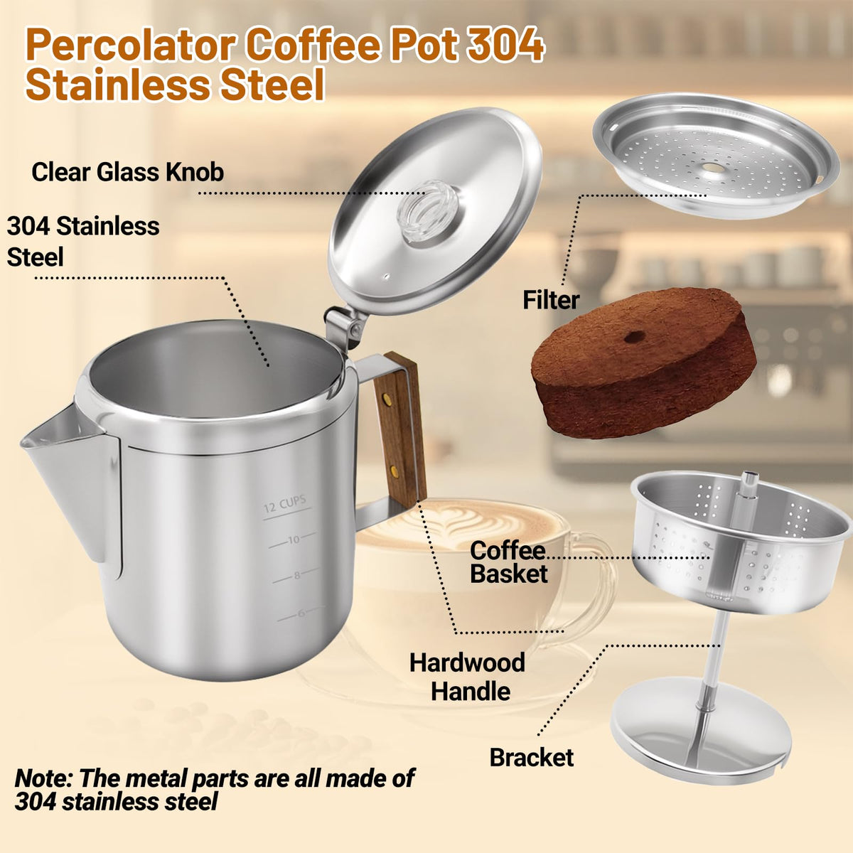 12 Cup Stainless Steel Percolator Coffee Pot B8445