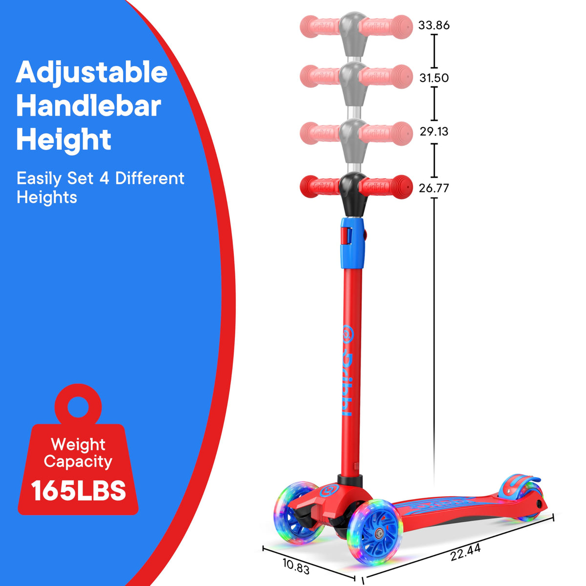 3-Wheel Kids Scooter Adjustable Height Anti-Slip Deck Red and Blue H1628