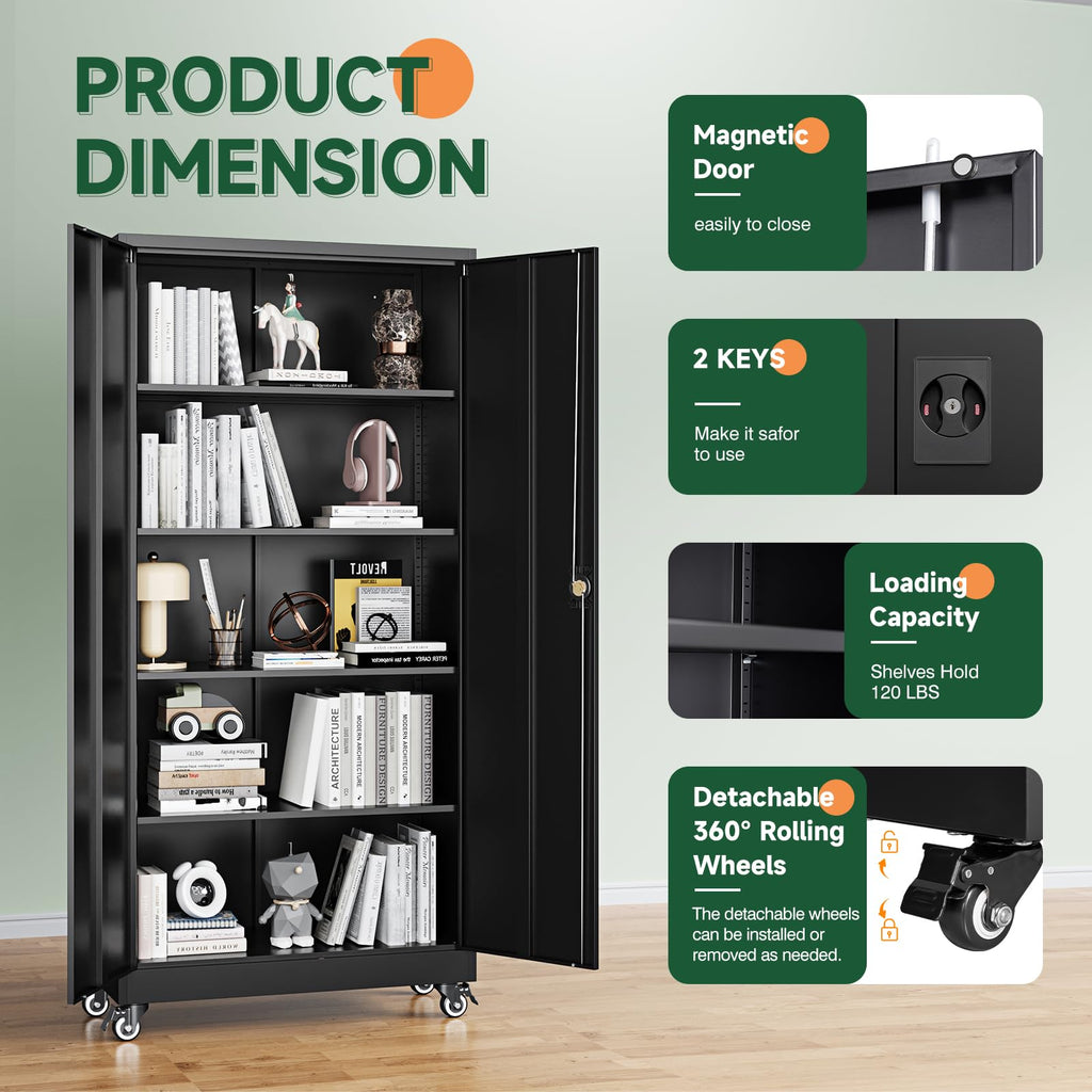 Metal Garage Storage Cabinets with Wheels, Locking Door and Adjustable Shelves (Black, 74.41" H) W79644