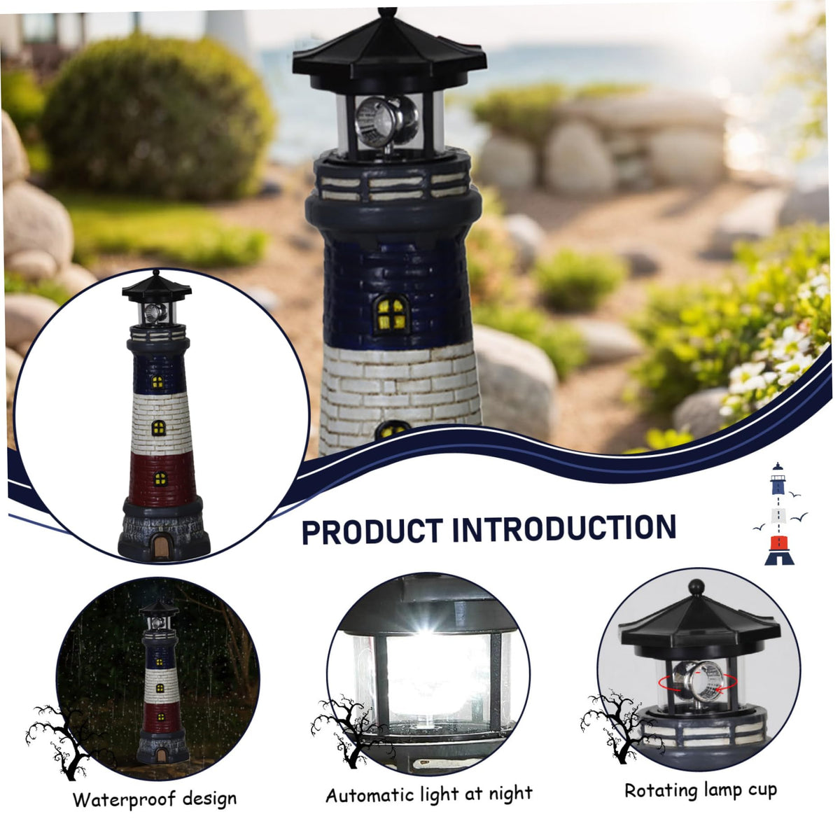 15" Tall Waterproof Resin Lighthouse Lamp with Rotating LED O415