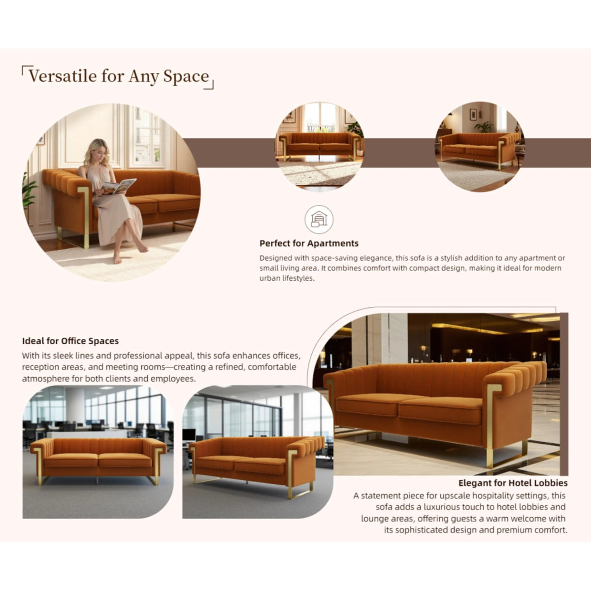 Orange Velvet Channel Tufted Sofa with Gold Metal Legs Y348