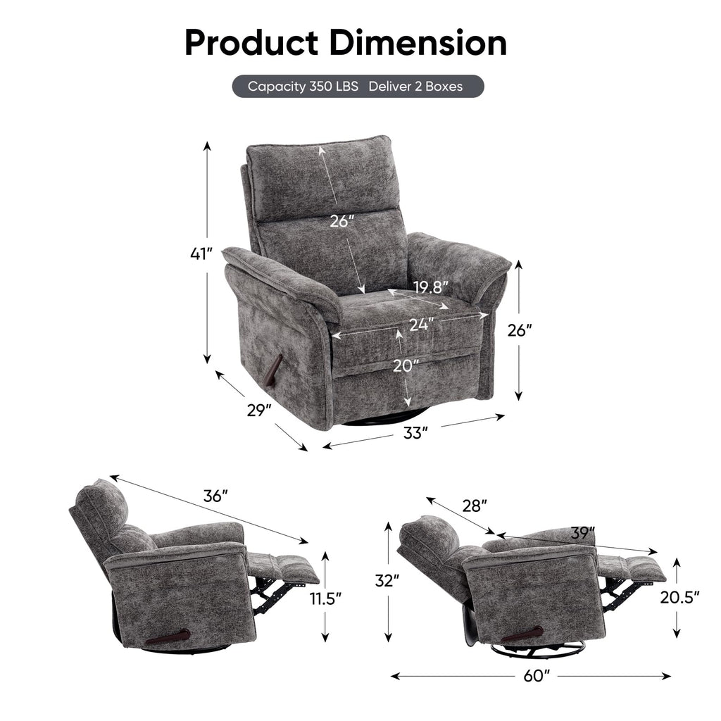 Oversized Chenille Swivel Rocker Recliner with Adjustable Headrest K2382