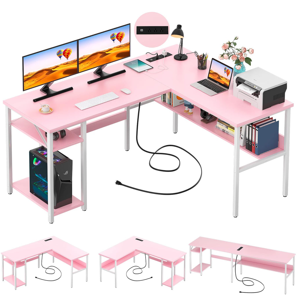 Pink L Shaped Desk with Power Outlets and USB Charging Ports A6189