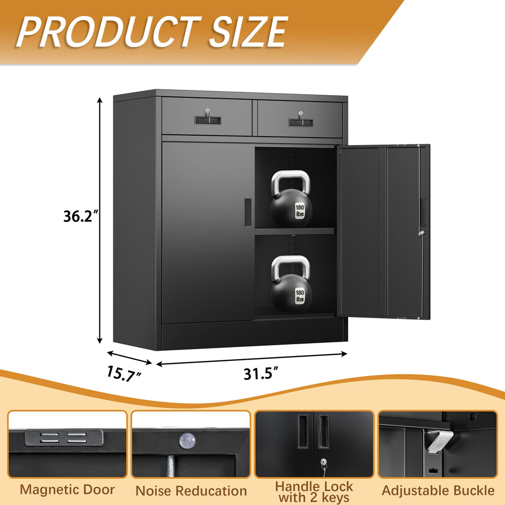 36" H Black Metal Storage Cabinet with 2 Drawers Y653