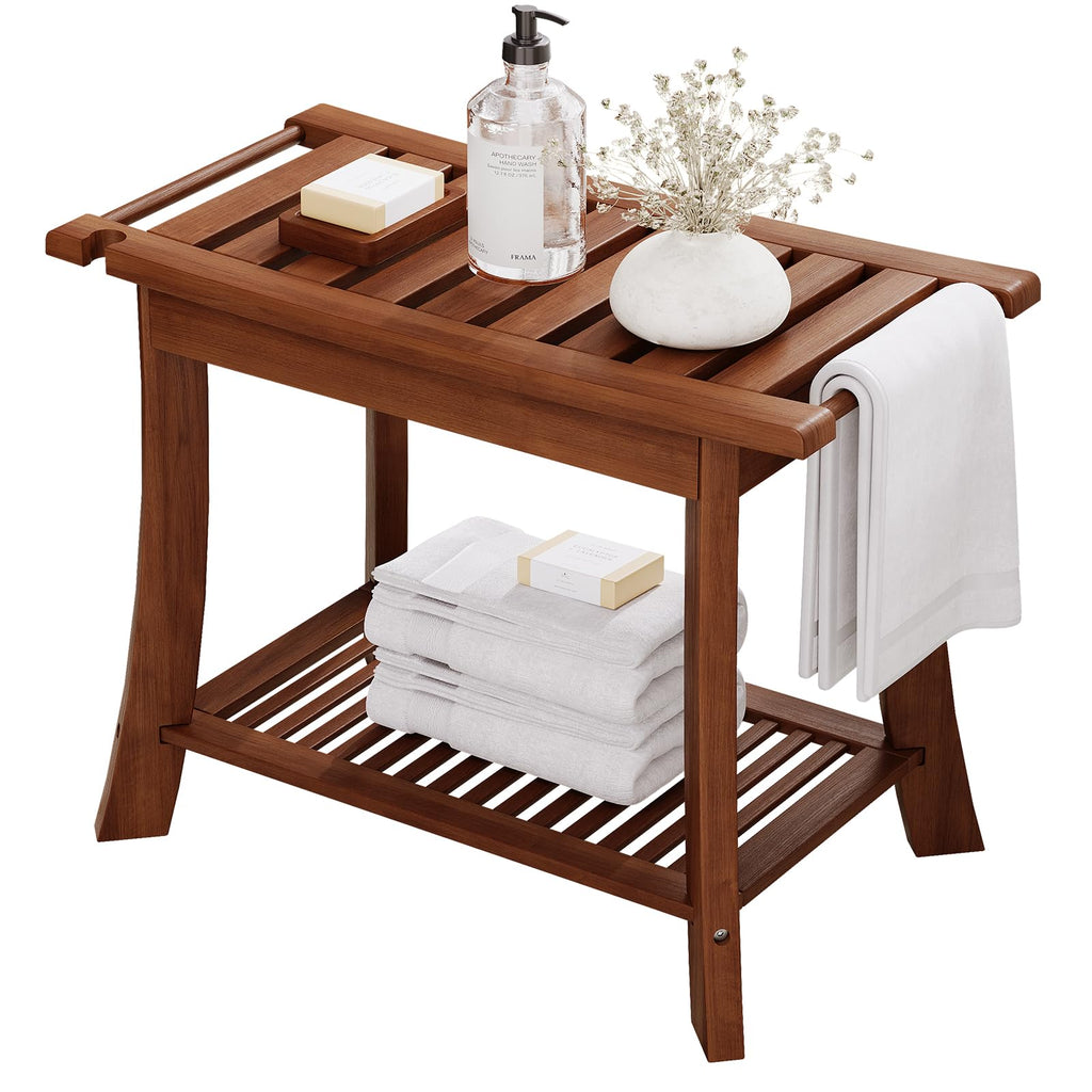 23.6 Inch Teak Shower Bench with Storage Shelf L579