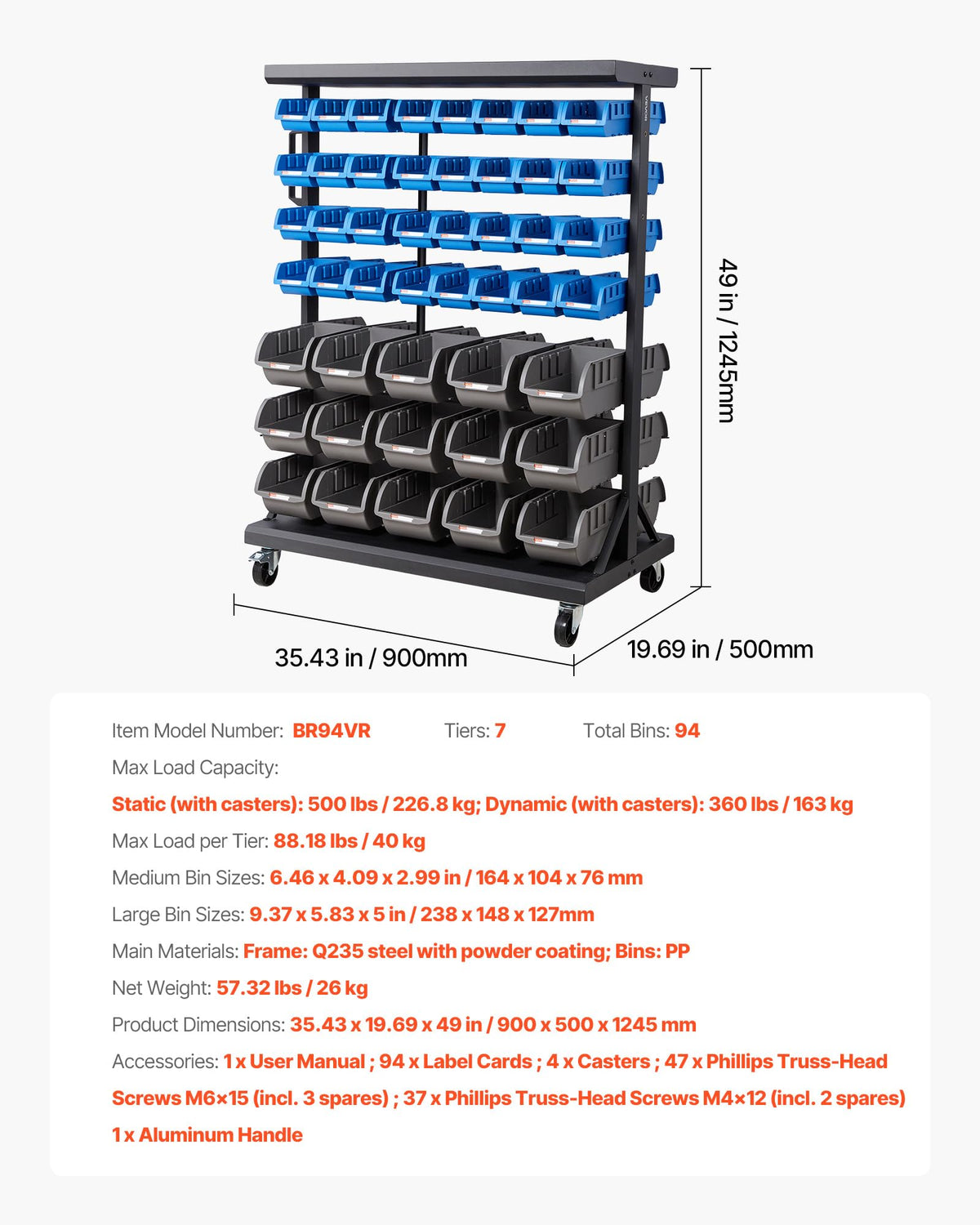 7-Tier Double-Sided Rolling Bin Storage Rack with 94 Plastic Bins B80359