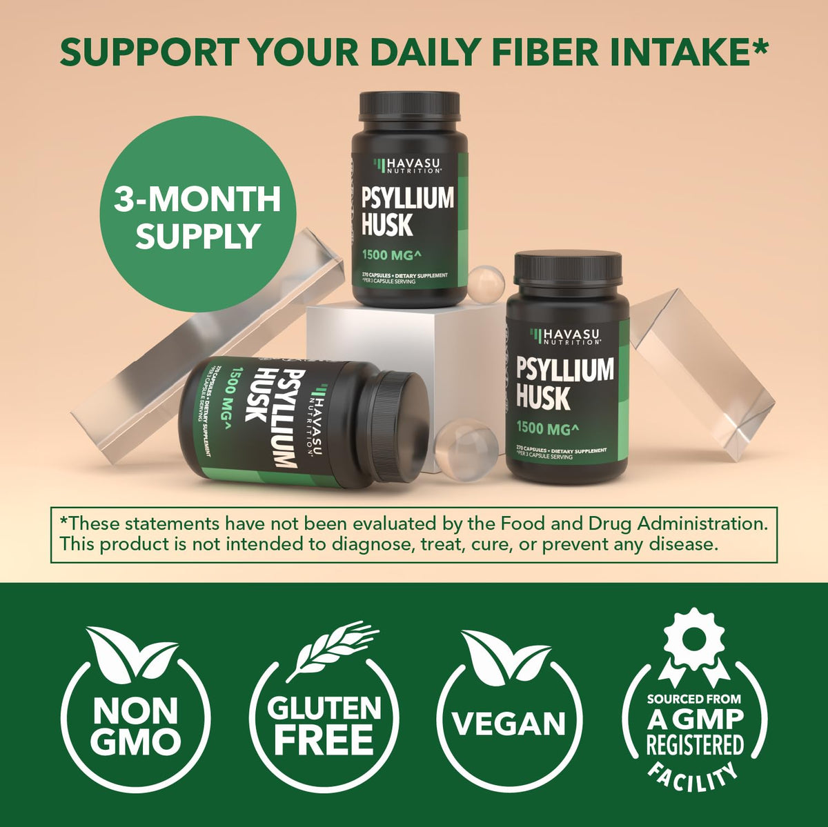 Vegan Psyllium Husk Fiber Capsules 270 Pills D4959