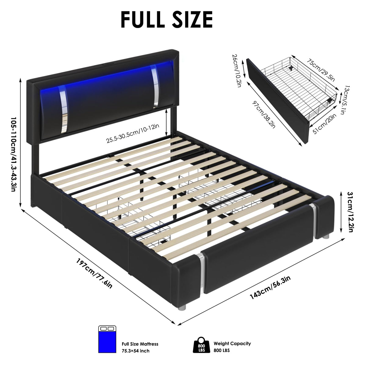 Black Full Size Upholstered Bed Frame with LED Headboard and 2 Storage Drawers X69189