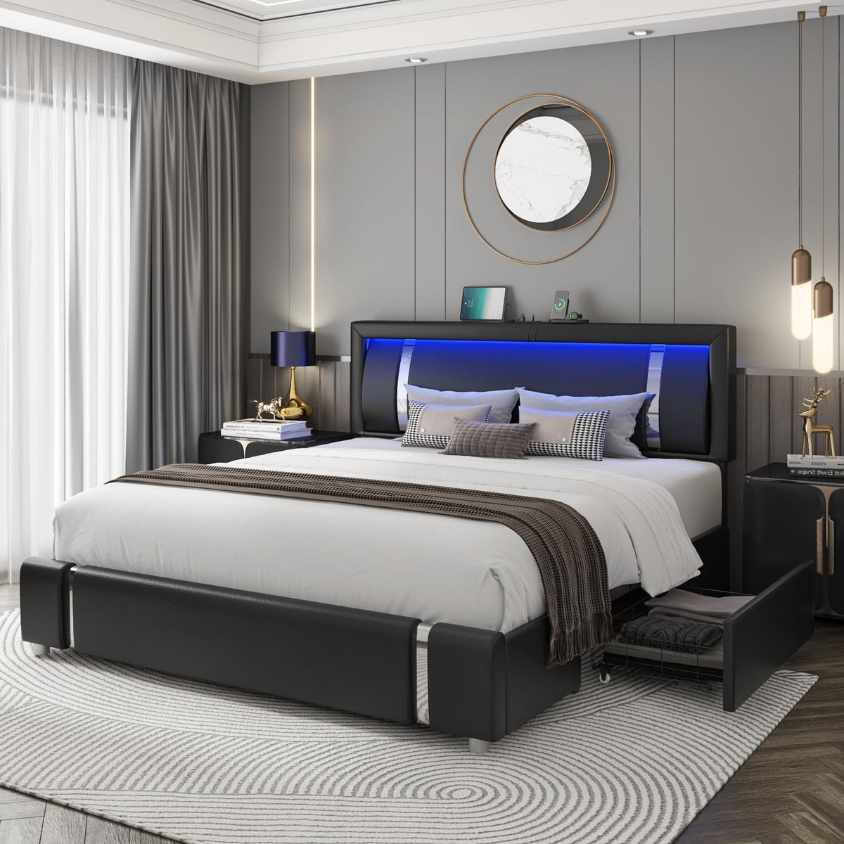 Black Full Size Upholstered Bed Frame with LED Headboard and 2 Storage Drawers X69189