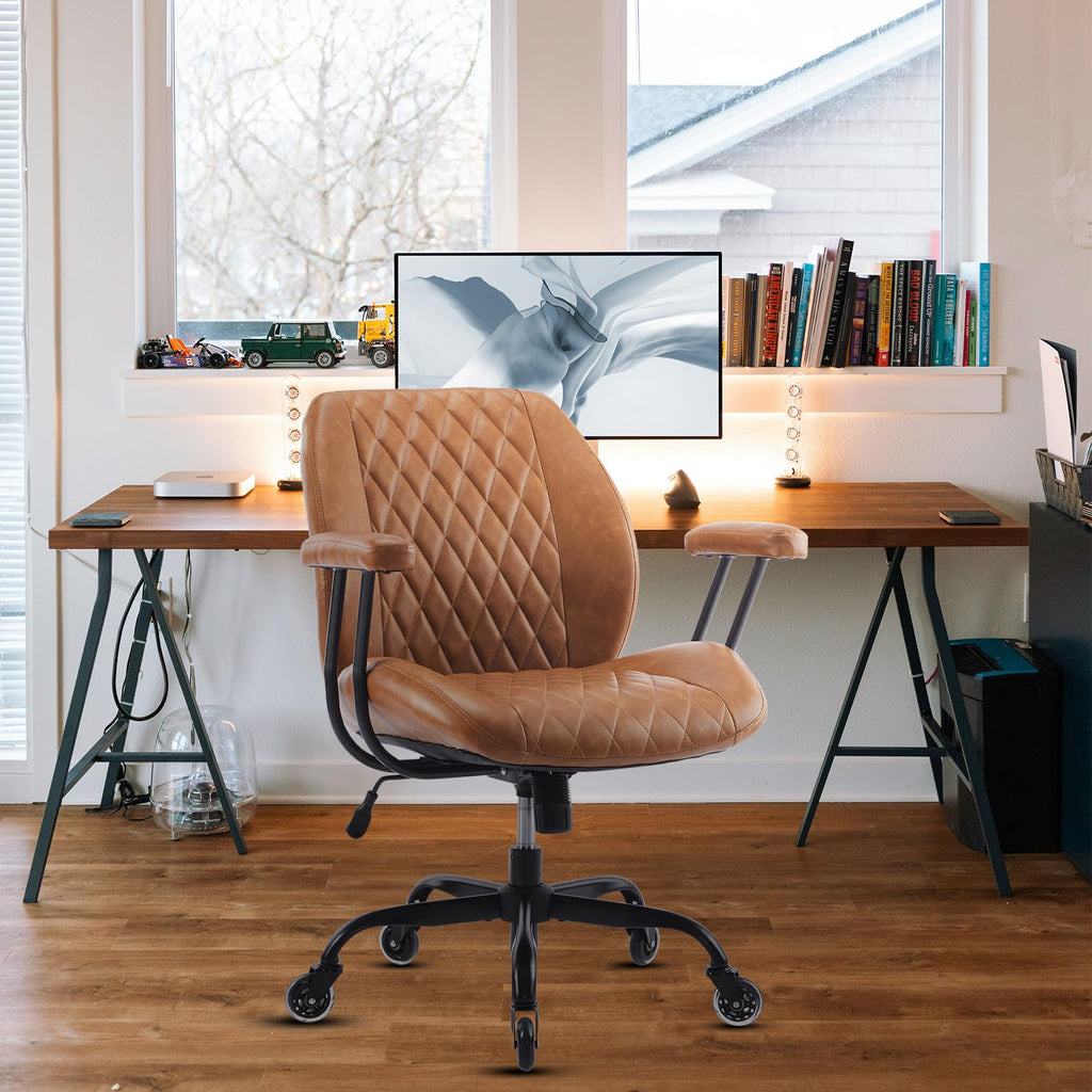 Brown Leather Ergonomic Office Chair with Lumbar Support F674005