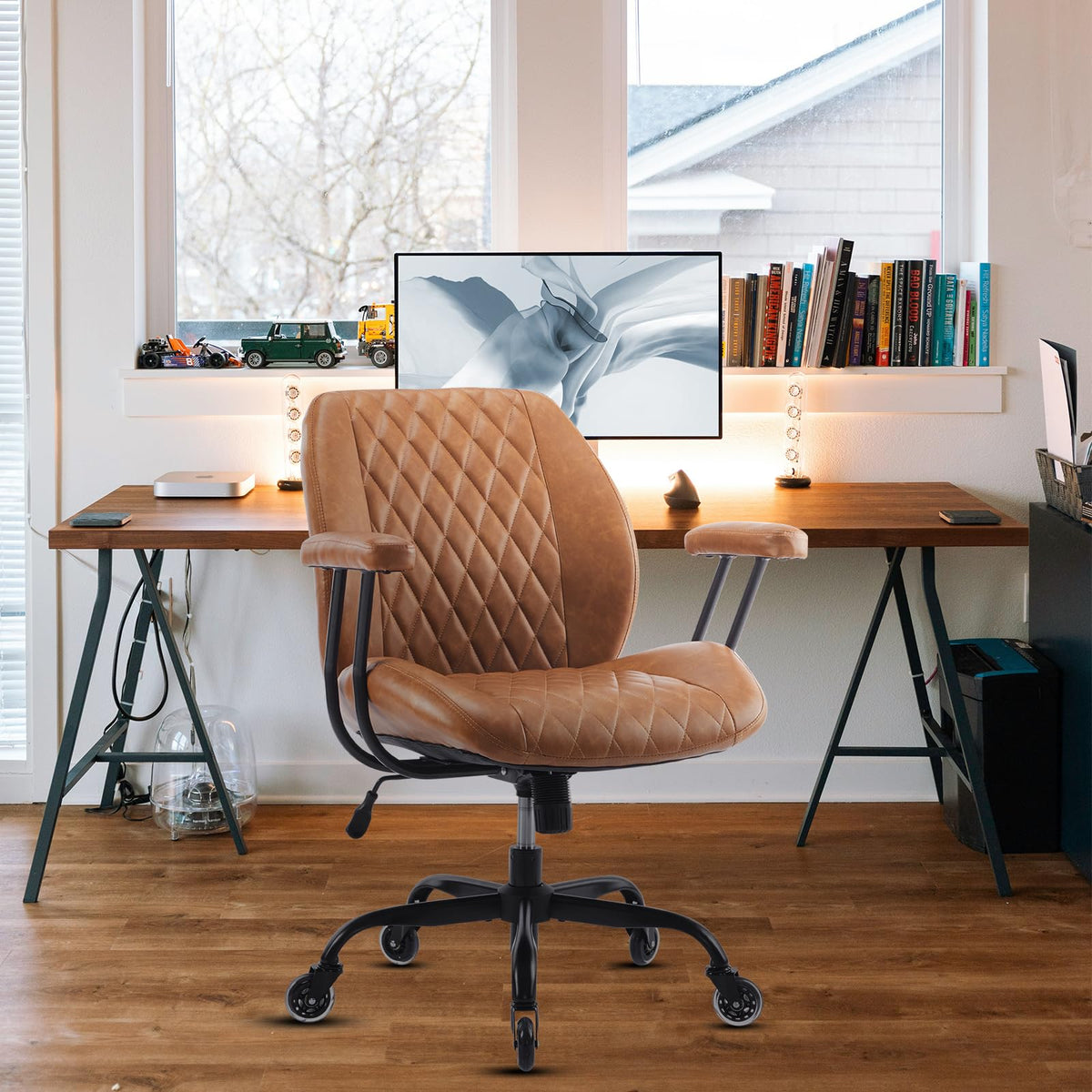 Brown Leather Ergonomic Office Chair with Lumbar Support F674005