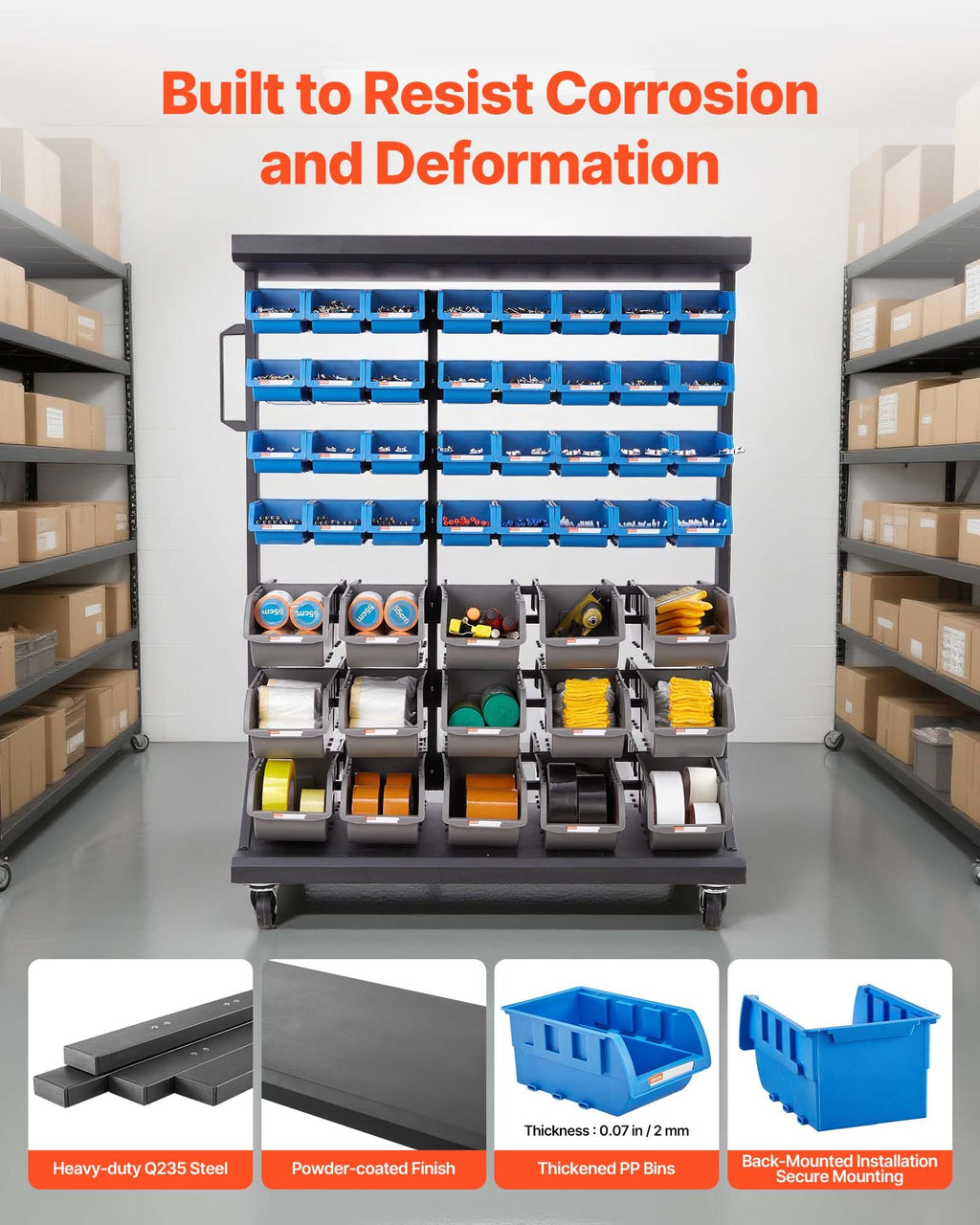 7-Tier Double-Sided Rolling Bin Storage Rack with 94 Plastic Bins B80359