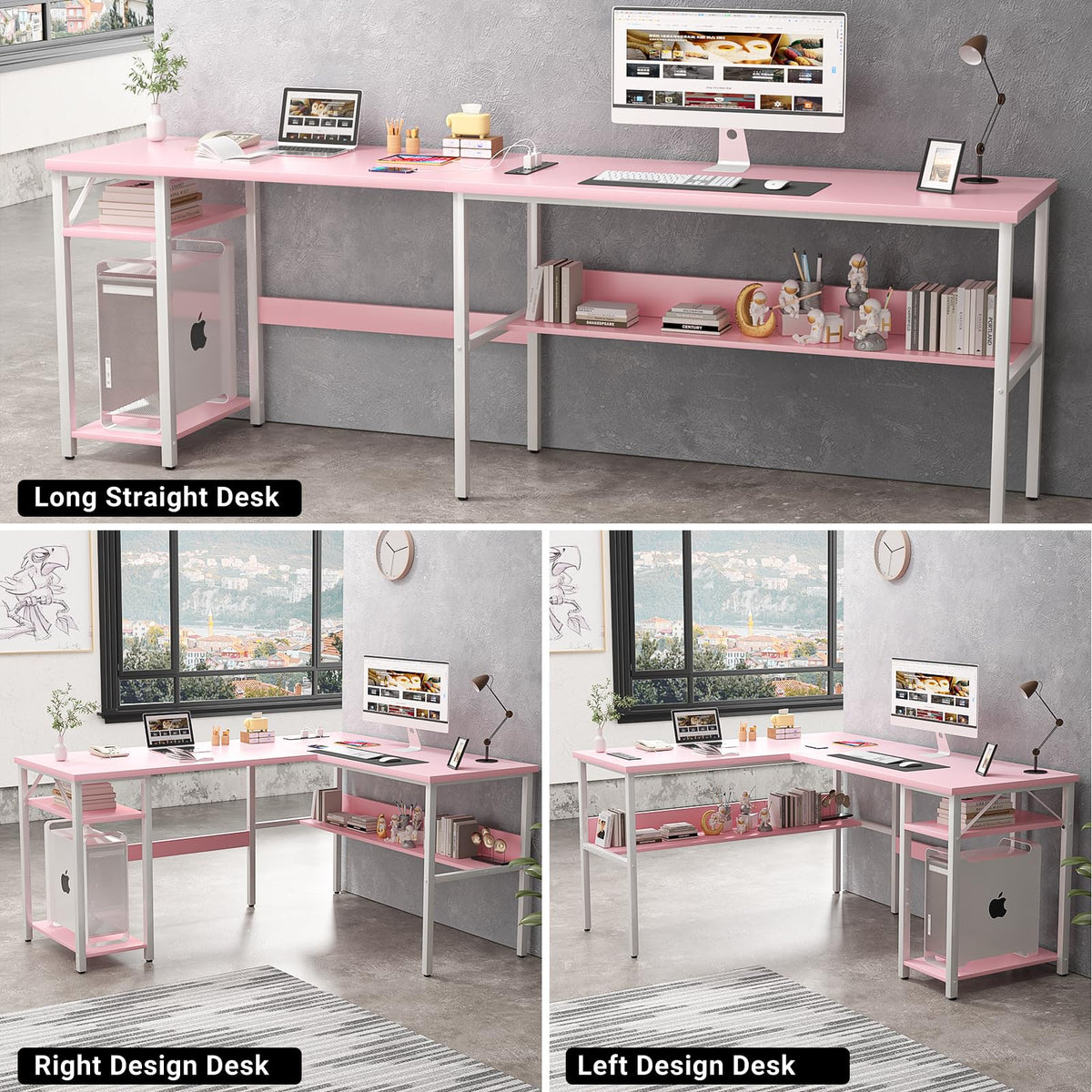 Pink L Shaped Desk with Power Outlets and USB Charging Ports A6189