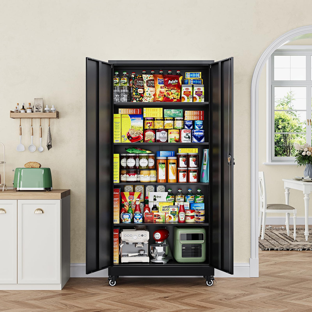 Metal Garage Storage Cabinets with Wheels, Locking Door and Adjustable Shelves (Black, 74.41" H) W79644