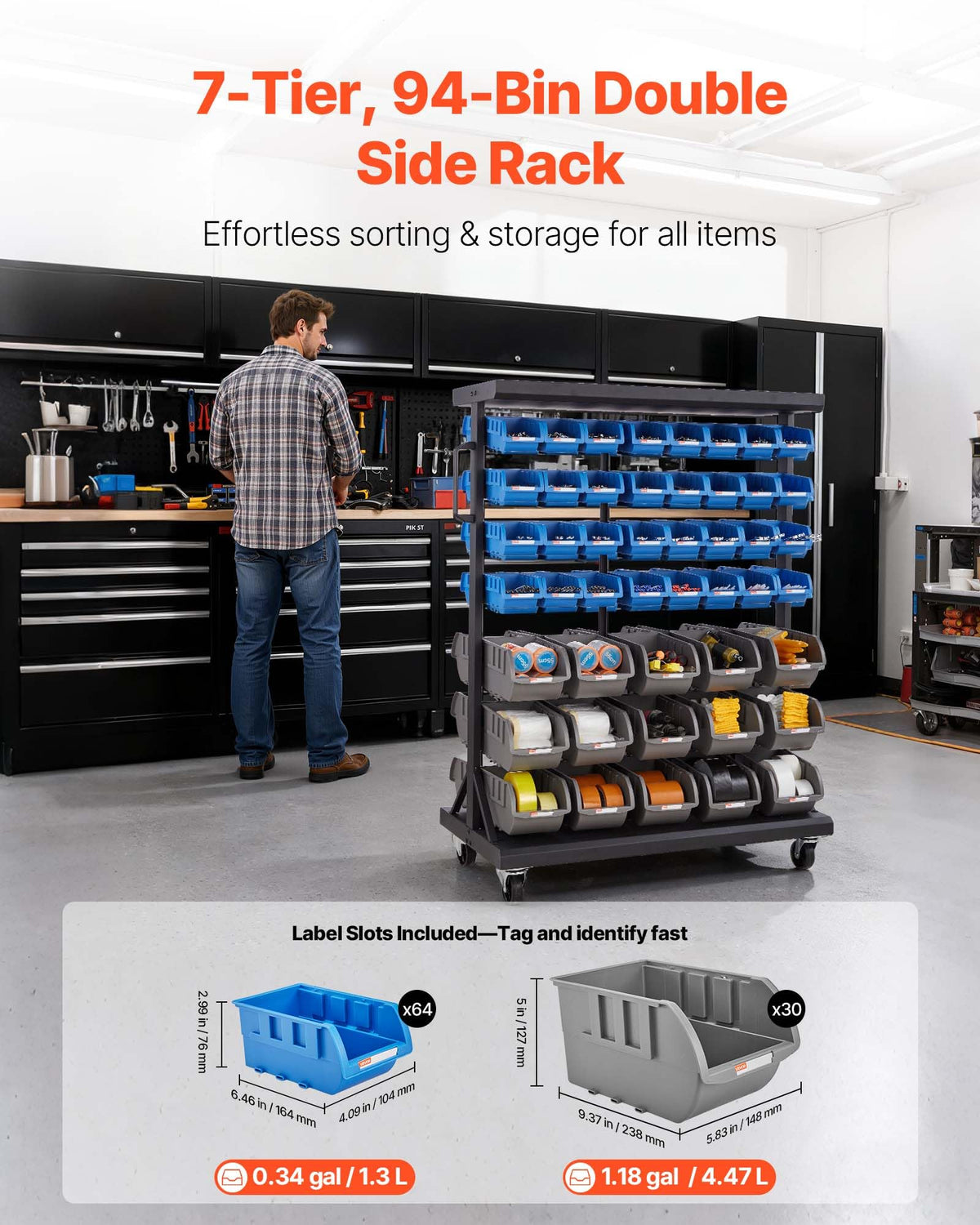 7-Tier Double-Sided Rolling Bin Storage Rack with 94 Plastic Bins B80359