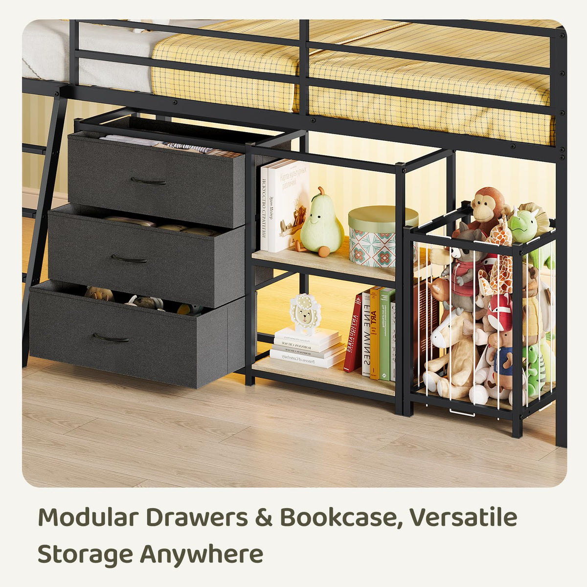 Black Twin Size Metal Low Loft Bed with 3 Drawers and Storage J1511