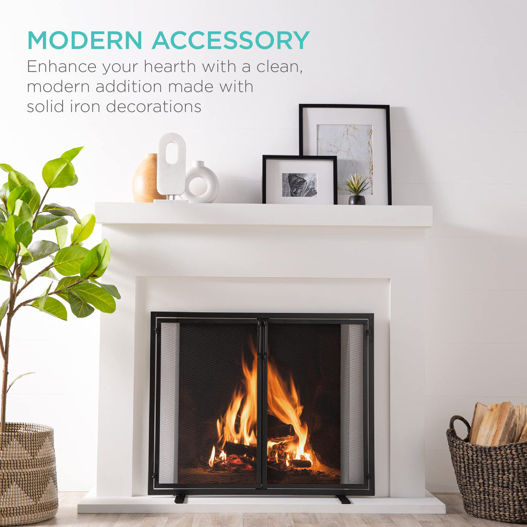 38.5x31in 2-Door Black Wrought Iron Fireplace Screen W218012