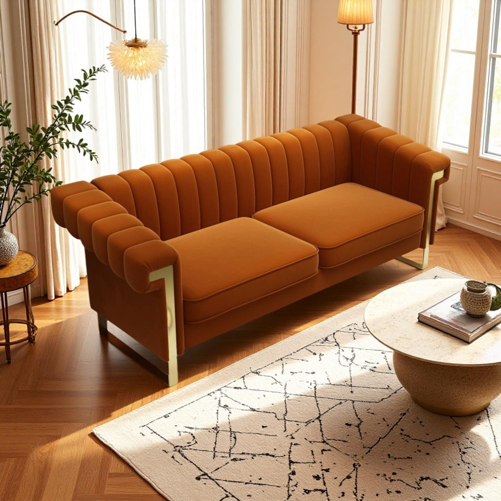 Orange Velvet Channel Tufted Sofa with Gold Metal Legs Y348