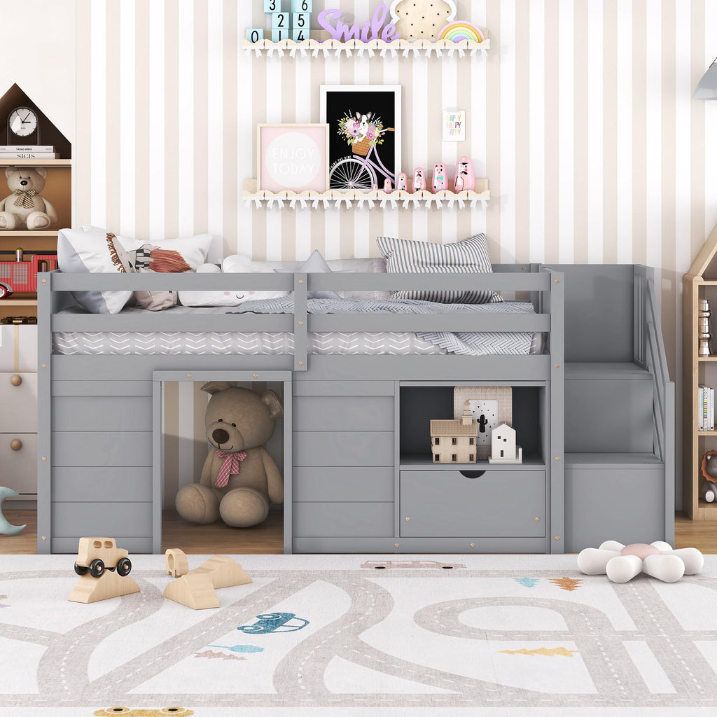 Twin Size Wood Loft Bed with Storage D983610