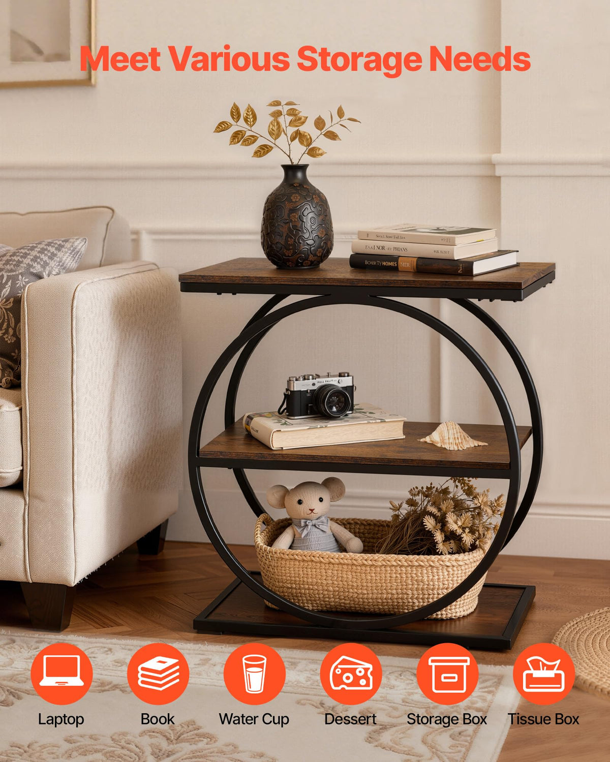 3-Tier Narrow Side Table with Open Storage Shelves B647590