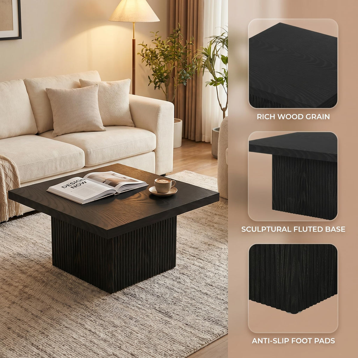 31.5" Square Fluted Wood Coffee Table C4002