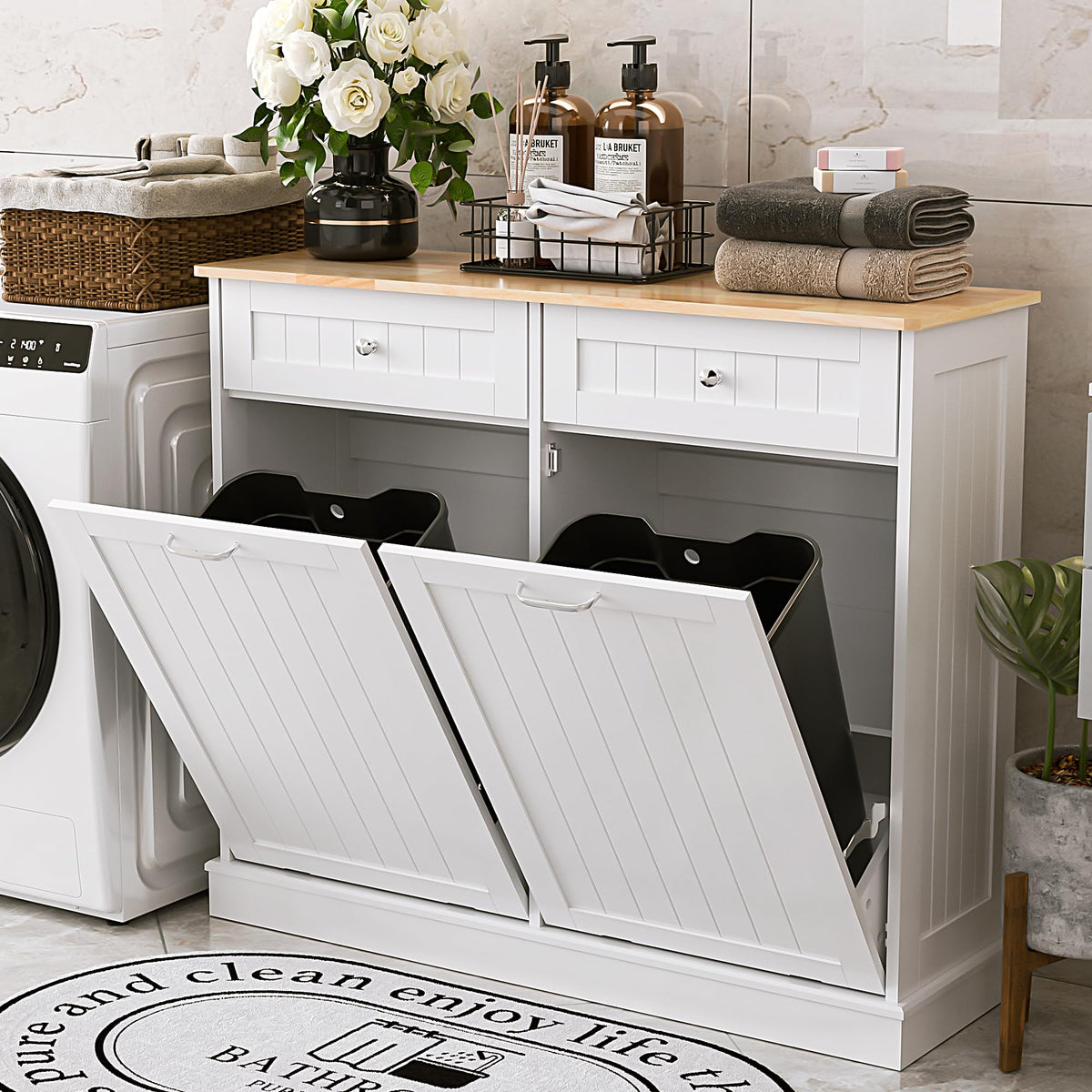 Double Tilt Out Trash Can Cabinet 2 X 13 Gallon with Storage J885
