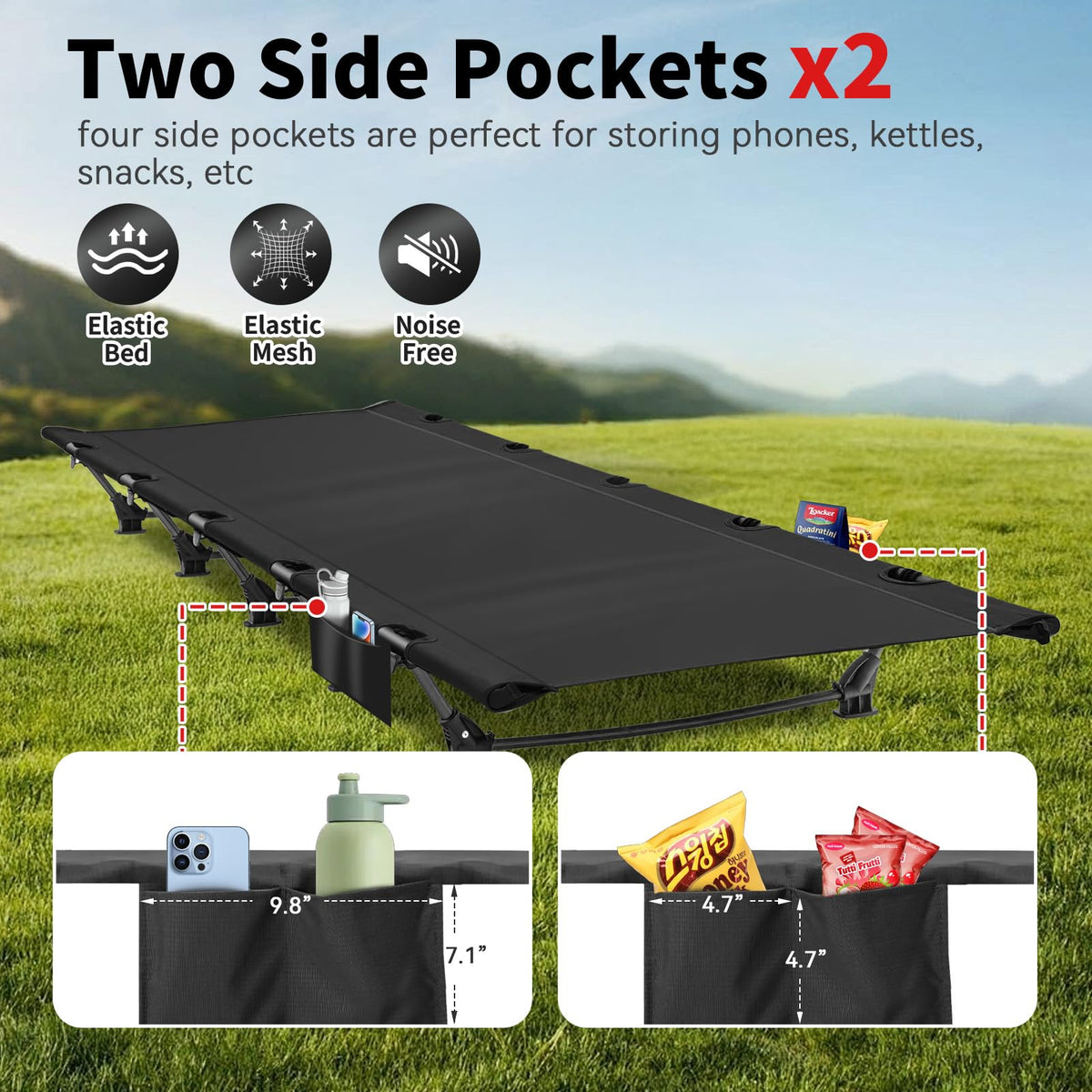 Ultralight Portable Folding Camping Cot with 2 Side Pocket H4676