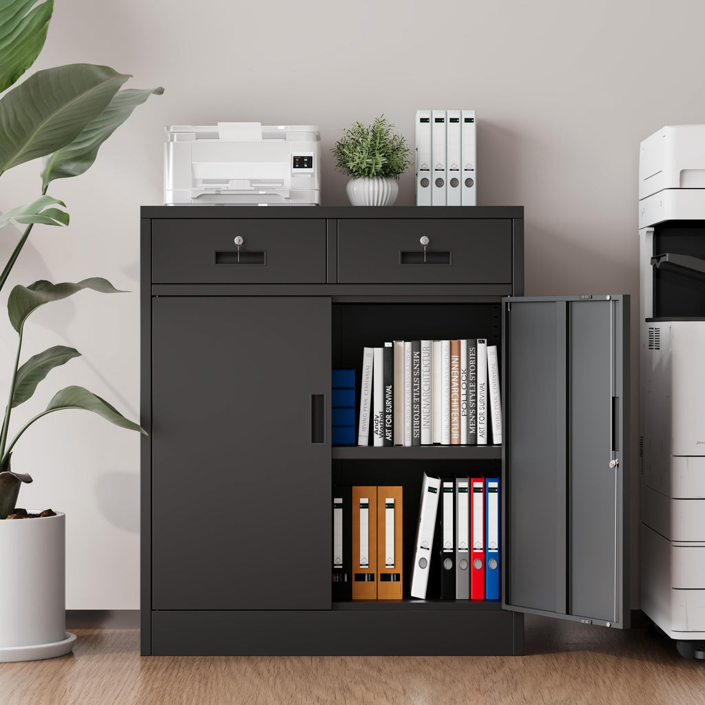 36" H Black Metal Storage Cabinet with 2 Drawers Y653