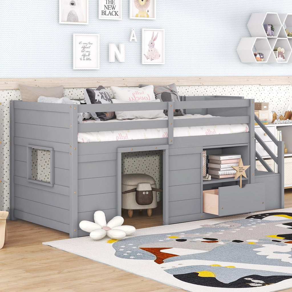 Twin Size Wood Loft Bed with Storage D983610