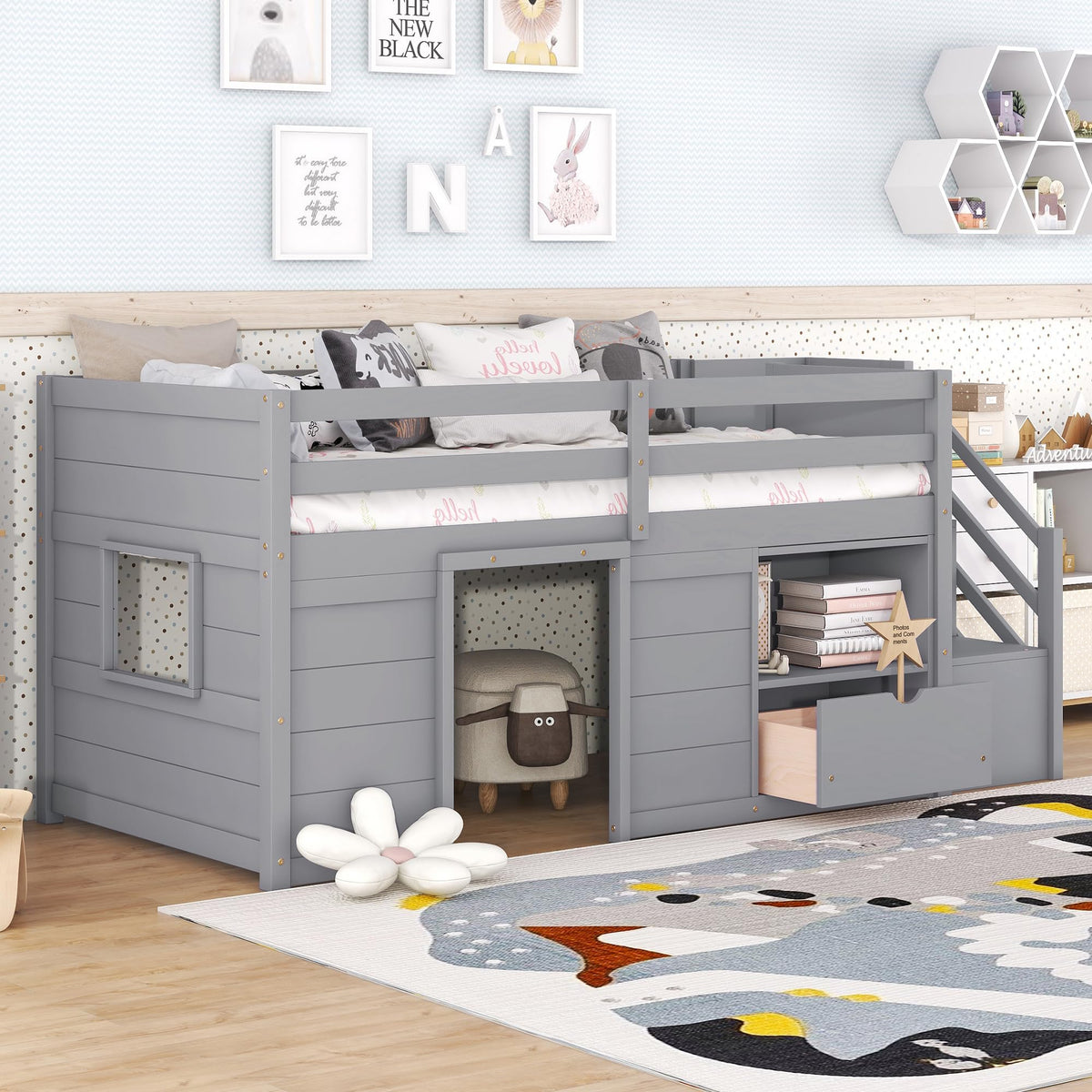 Twin Size Wood Loft Bed with Storage D983610