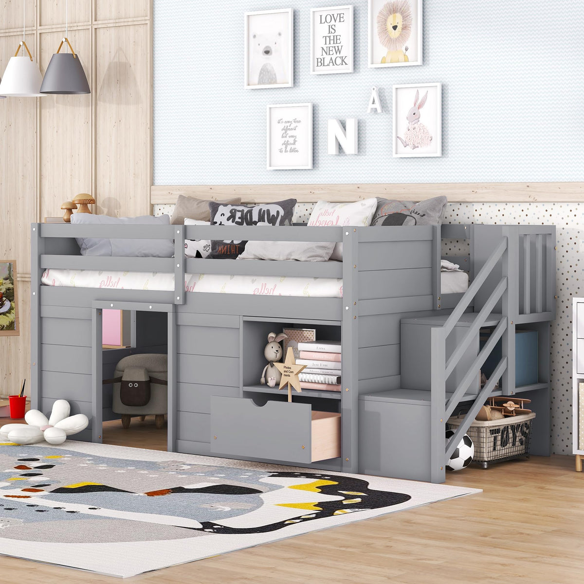 Twin Size Wood Loft Bed with Storage D983610