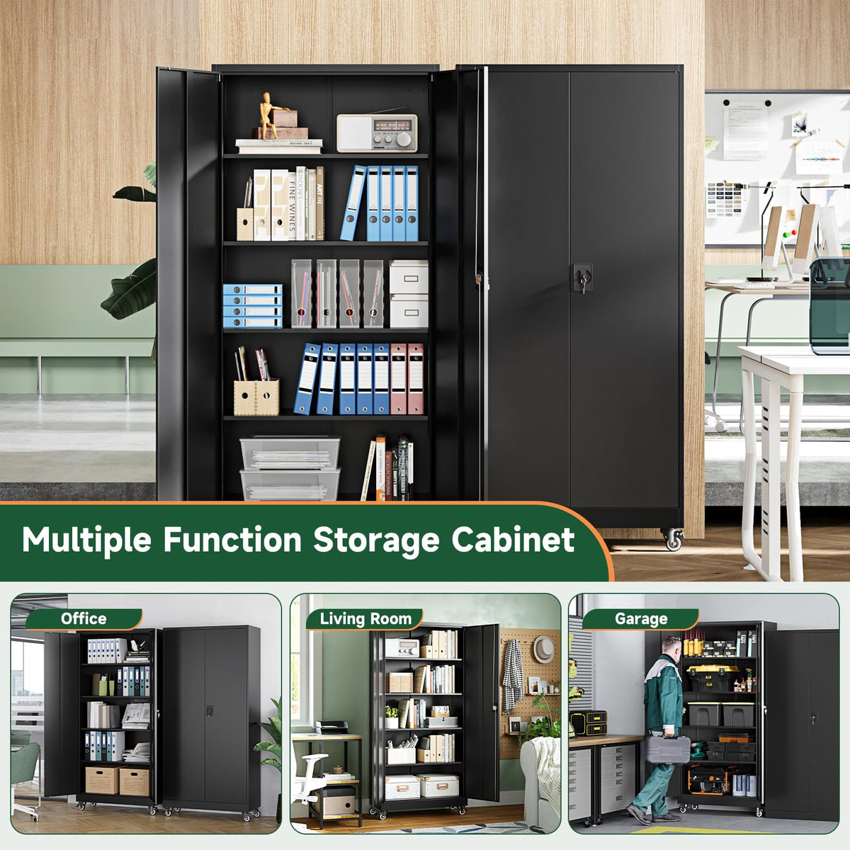 Metal Garage Storage Cabinets with Wheels, Locking Door and Adjustable Shelves (Black, 74.41" H) W79644