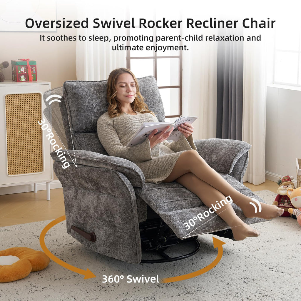 Oversized Chenille Swivel Rocker Recliner with Adjustable Headrest K2382