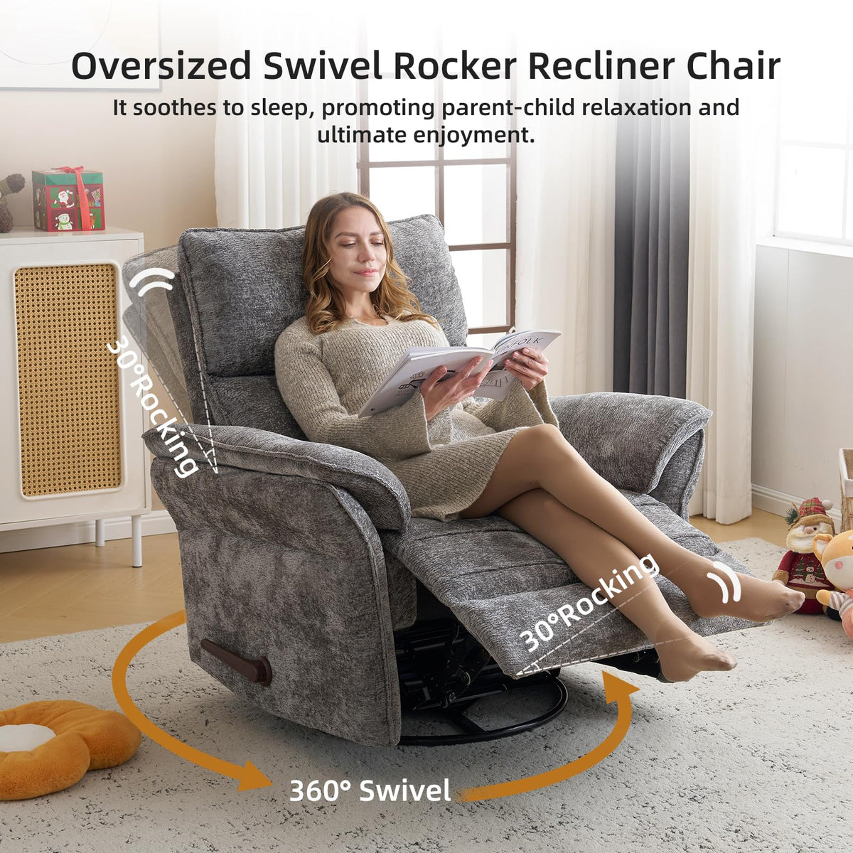 Oversized Chenille Swivel Rocker Recliner with Adjustable Headrest K2382