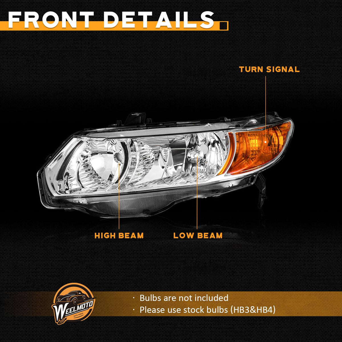Headlight Assembly Pair Chrome Housing Amber Reflector K63979