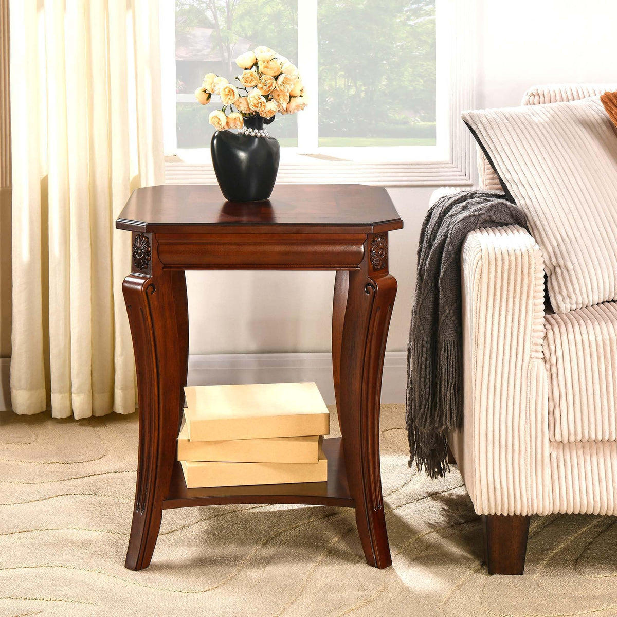 Cherry Brown Side Table with Storage Shelf W86149