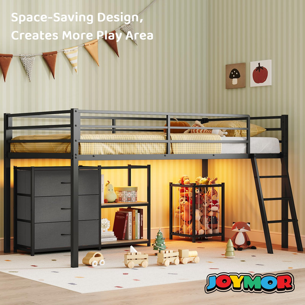 Black Twin Size Metal Low Loft Bed with 3 Drawers and Storage J1511