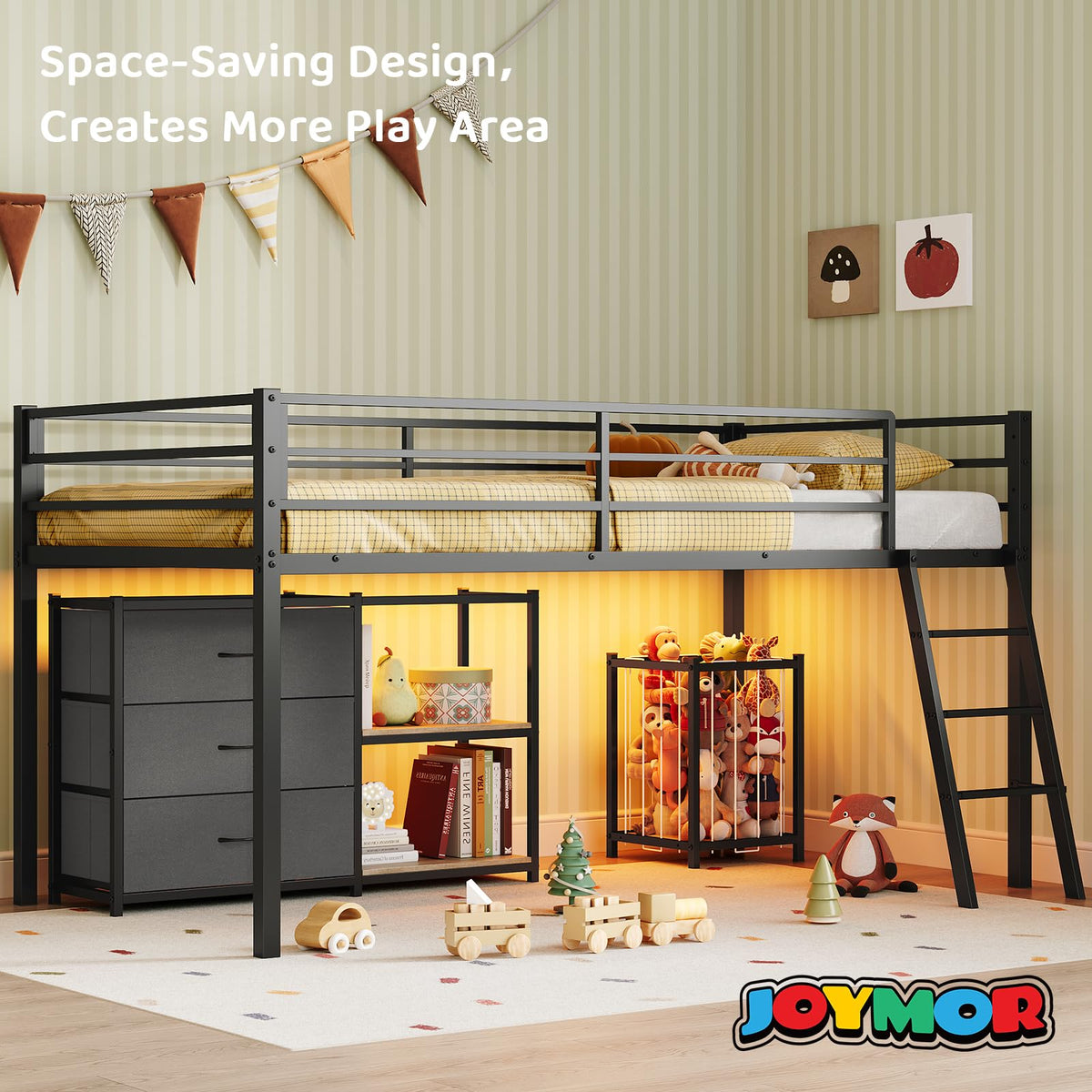 Black Twin Size Metal Low Loft Bed with 3 Drawers and Storage J1511