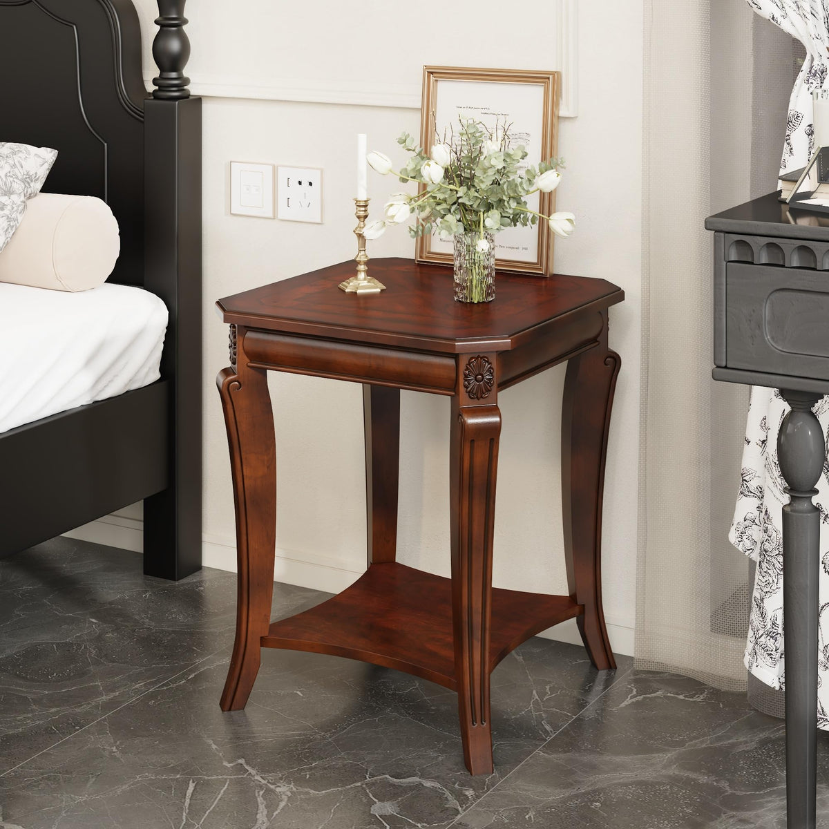 Cherry Brown Side Table with Storage Shelf W86149