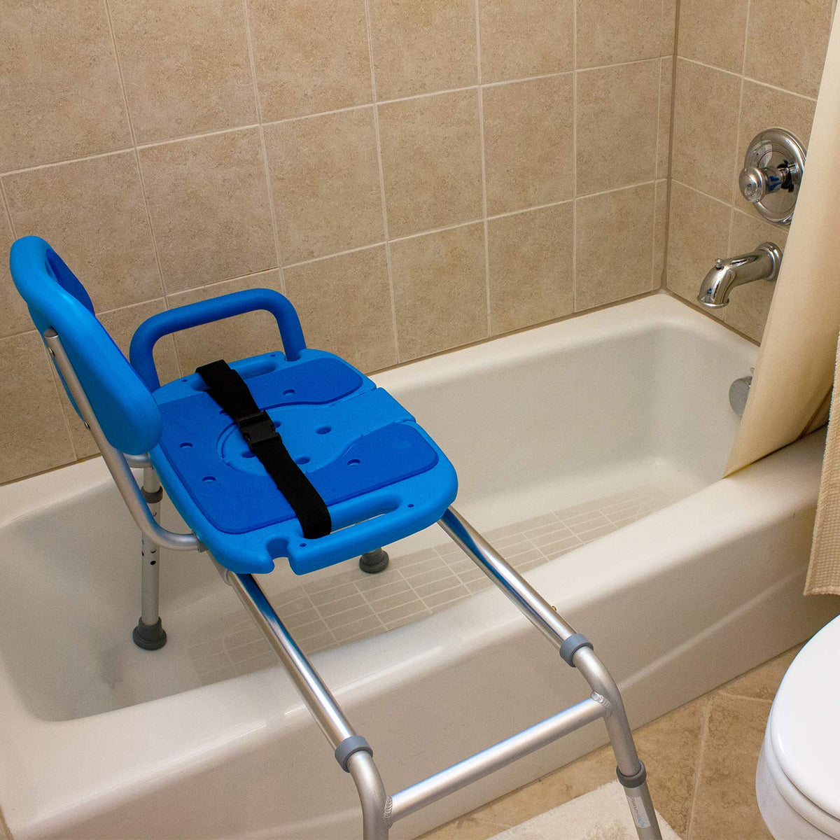 Blue Padded Shower Chair with Cut Out Seat and Safety Belt L506701