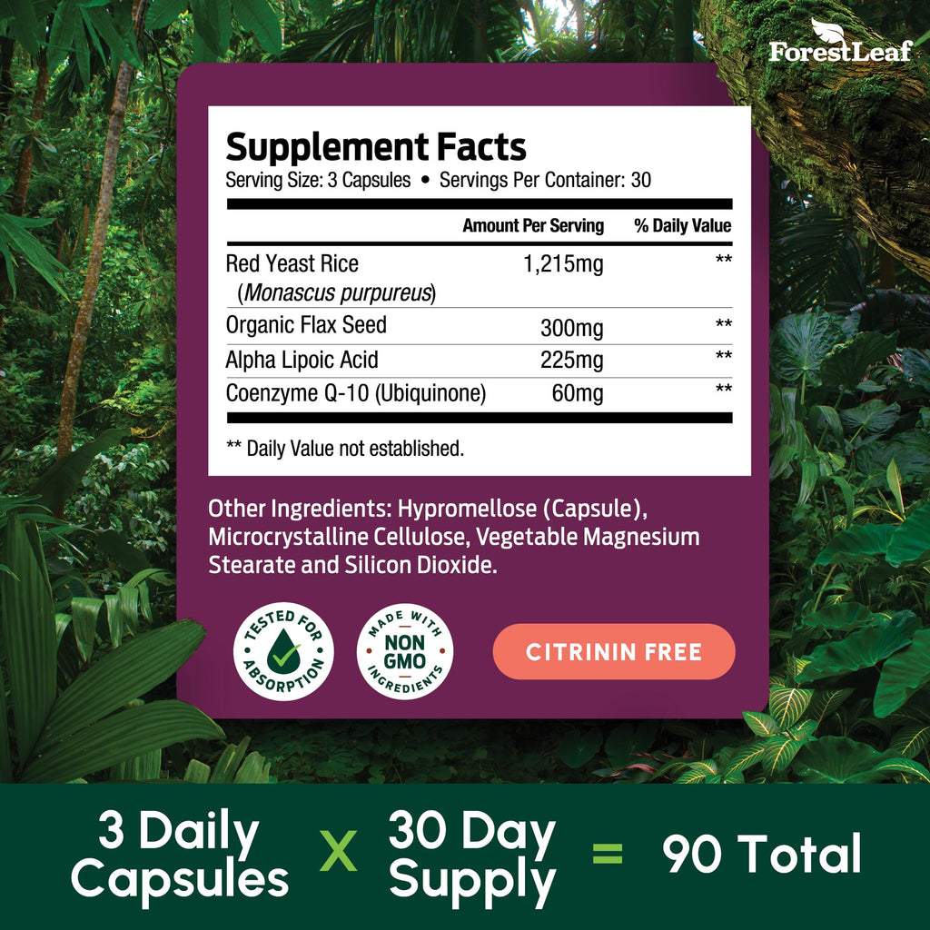 Red Yeast Rice 1215 mg CoQ10 Alpha Lipoic Acid Flaxseed 90 Capsules B43096