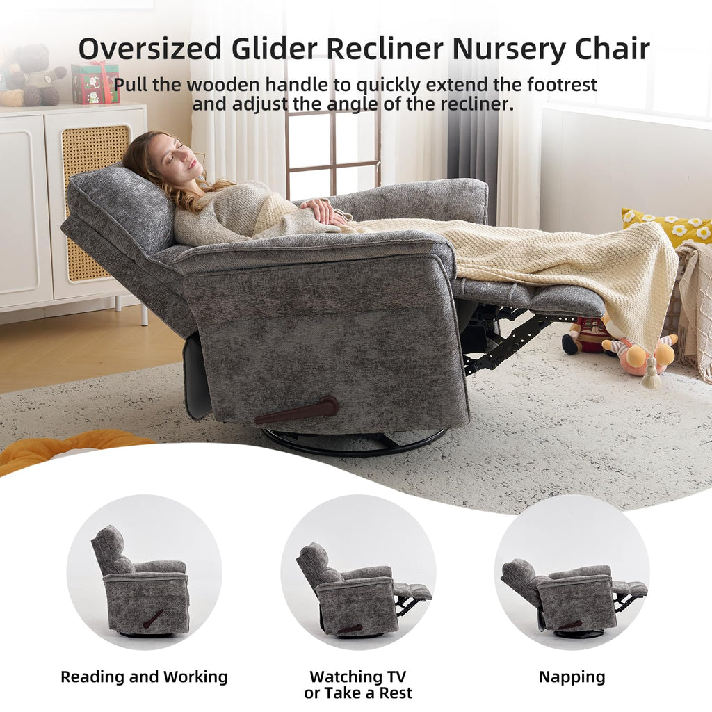 Oversized Chenille Swivel Rocker Recliner with Adjustable Headrest K2382