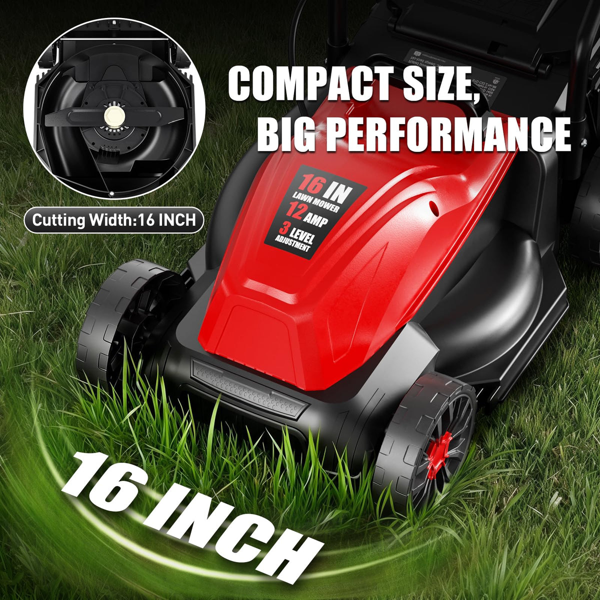 16" Corded Lawn Mower with 3-Position Height Adjustment I397394