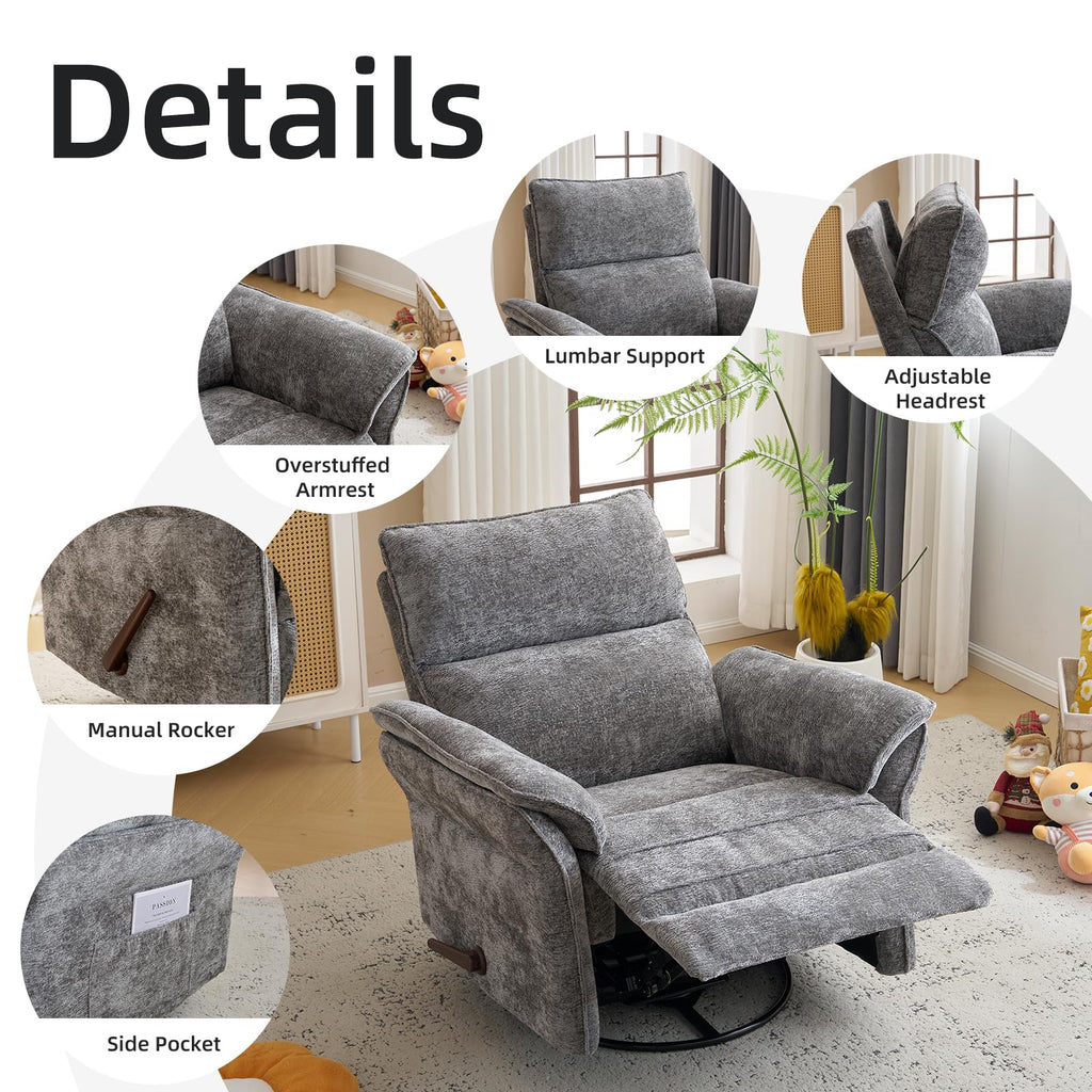 Oversized Chenille Swivel Rocker Recliner with Adjustable Headrest K2382