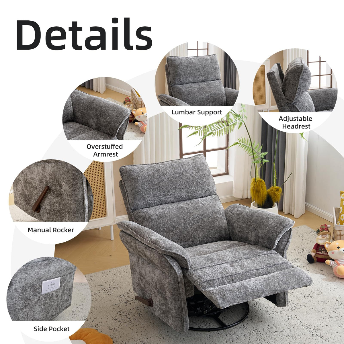 Oversized Chenille Swivel Rocker Recliner with Adjustable Headrest K2382
