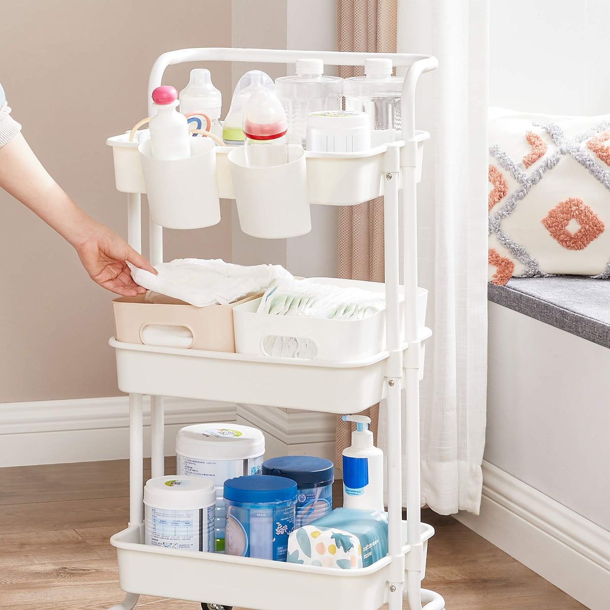 3-Tier Plastic and Steel Rolling Cart with Handle and 2 Brakes W7955