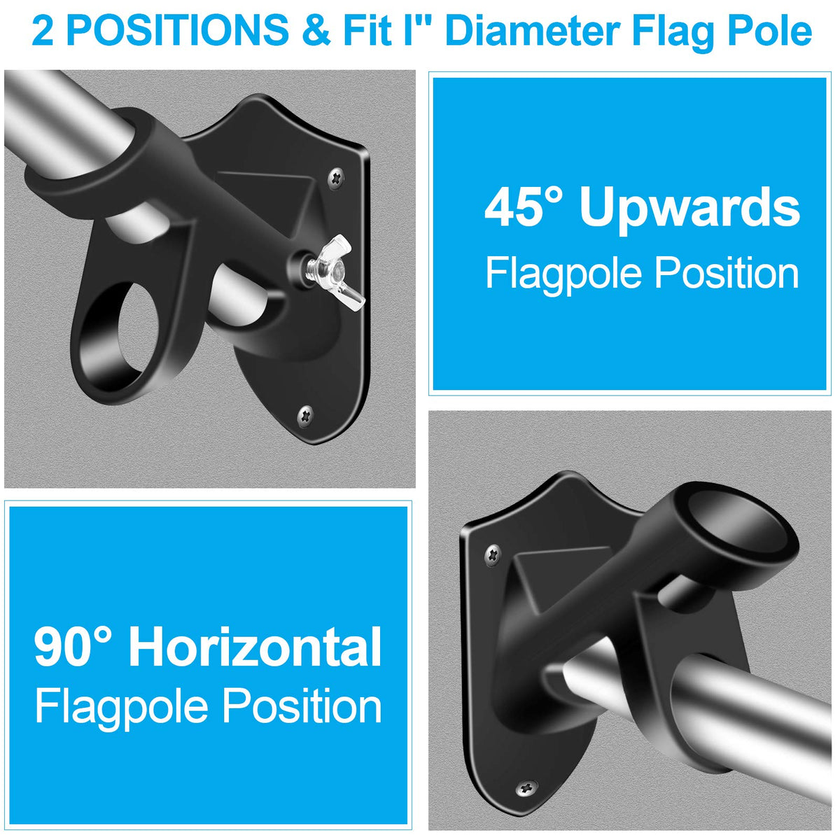 1" Flag Pole Holder Brackets with Hardwares, Two Positions Aluminium Alloy Rust Free Coated, Black 1 Pack A180591