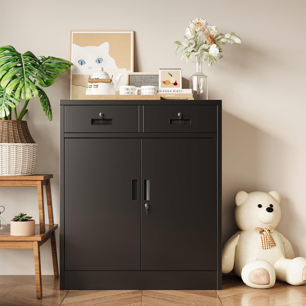 36" H Black Metal Storage Cabinet with 2 Drawers Y653