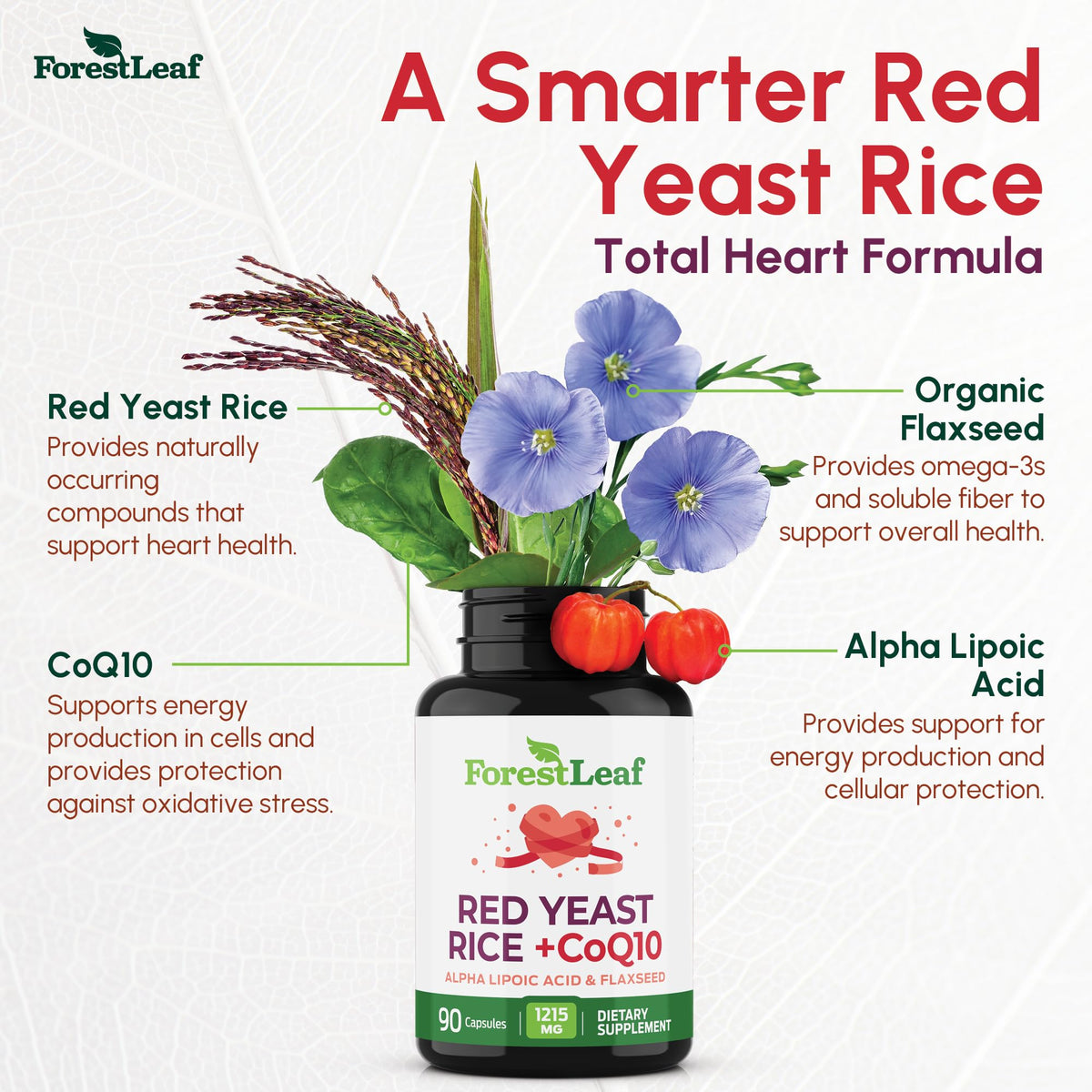 Red Yeast Rice 1215 mg CoQ10 Alpha Lipoic Acid Flaxseed 90 Capsules B43096