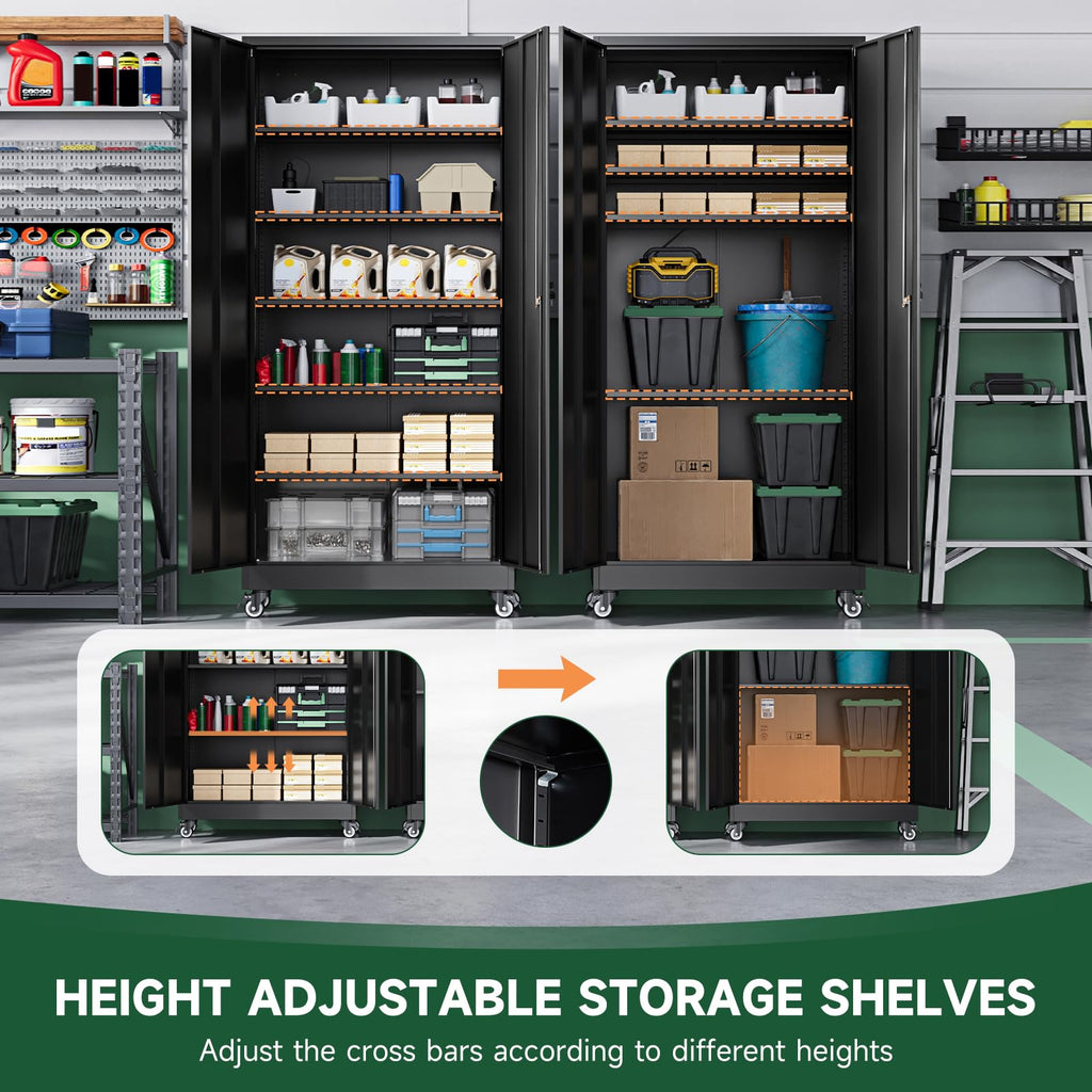Metal Garage Storage Cabinets with Wheels, Locking Door and Adjustable Shelves (Black, 74.41" H) W79644